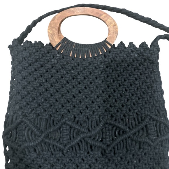 Gently used Danielle Nicole Black Crossbody Bag with Fringe and Wooden Handle - Picture 2 of 5
